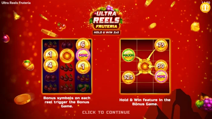 Ultra Reels Fruteria - štartovacie menu a tlačidlo štart